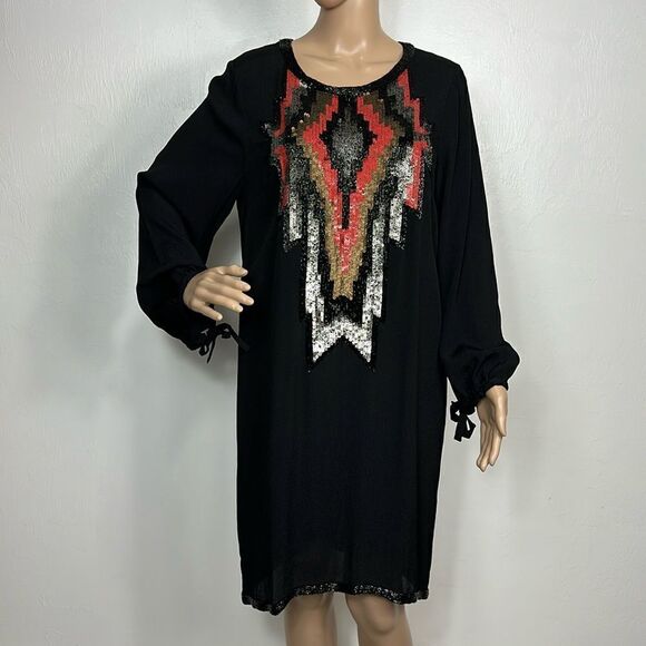 Yoana Baraschi Black Long Sleeve Rhinestone Beaded Sheath Dress Size 12 - Picture 3 of 13